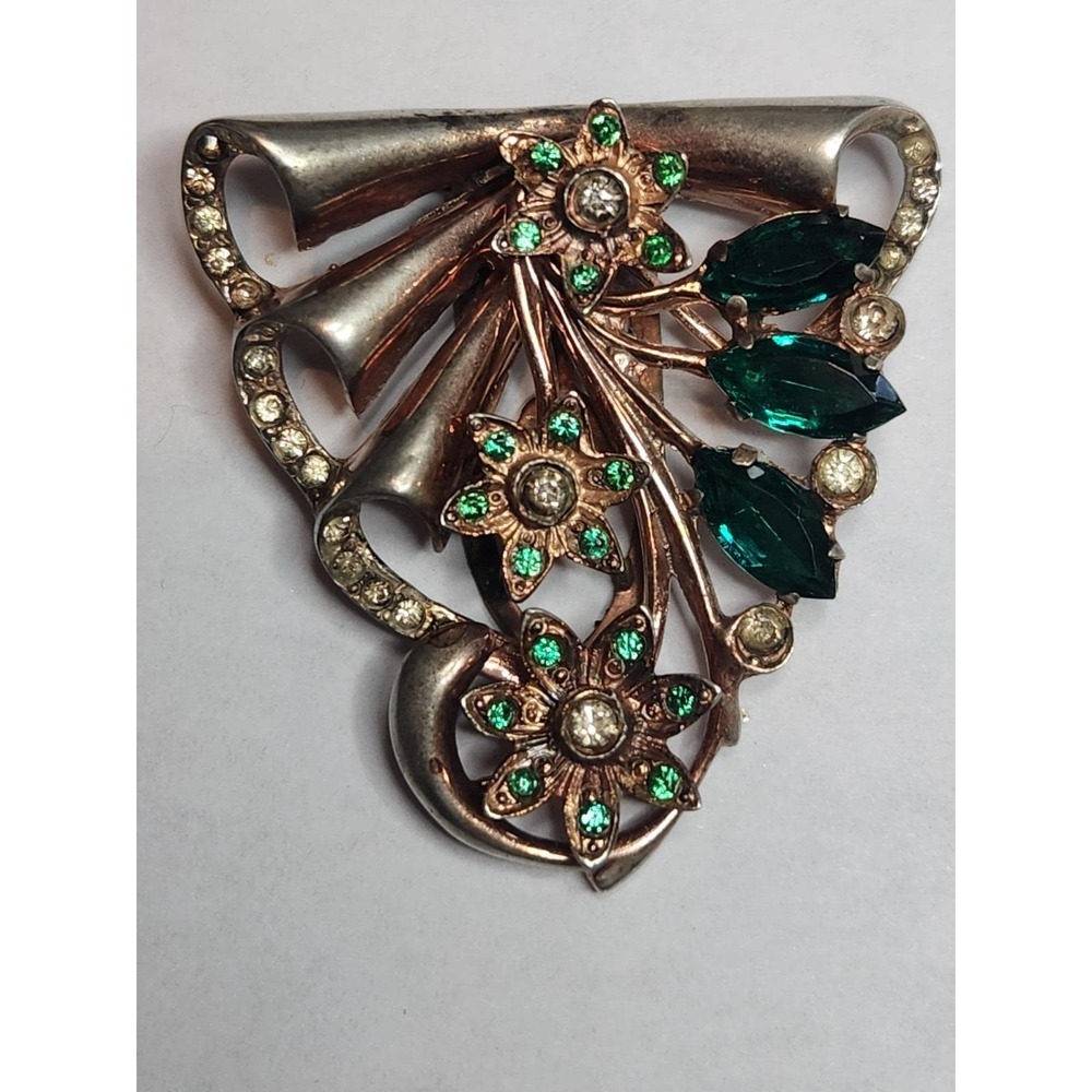 Vintage 1940 Sterling Vermeil Fur Clip Large 2.5" Retro Floral Emerald Green Bow